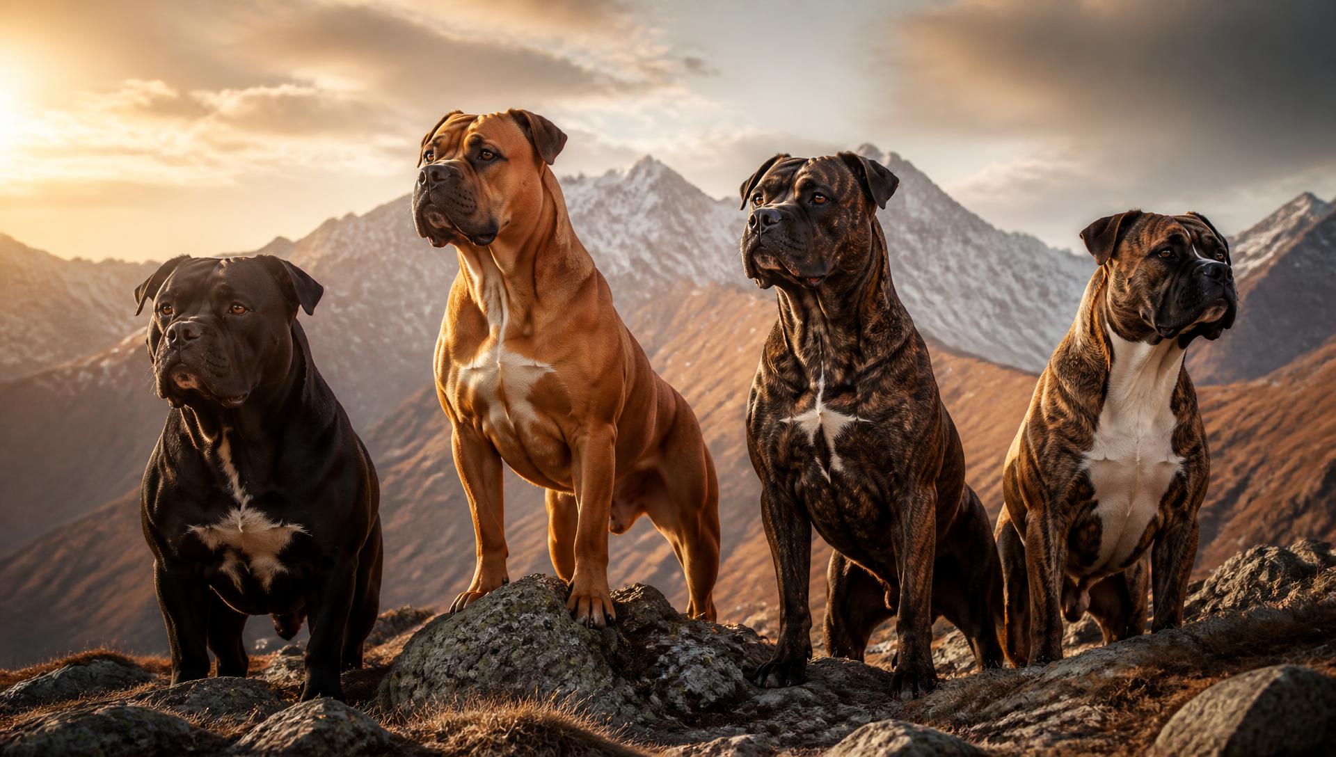 Vier kraftvolle Hunde stehen gemeinsam auf einem Bergrücken im goldenen Abendlicht
